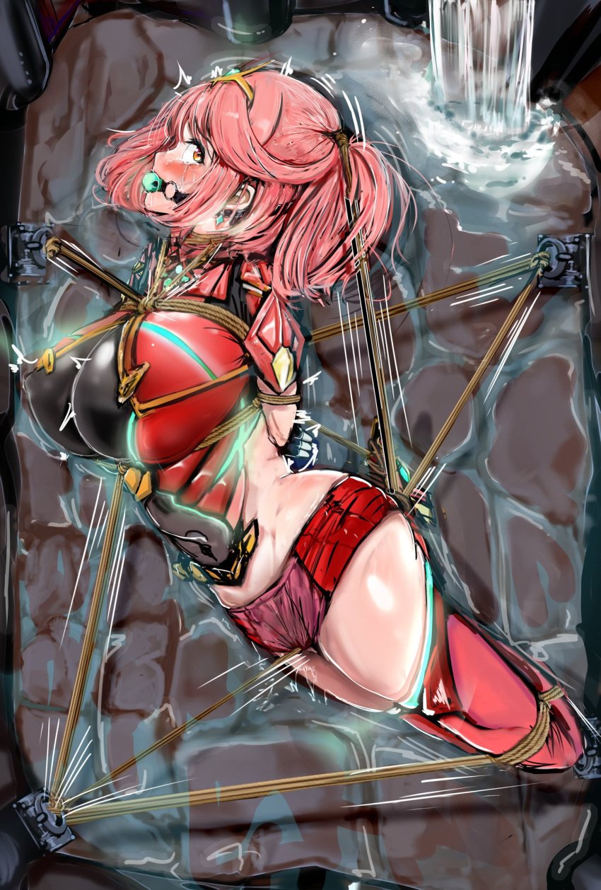 arms_tied_behind_back ball_gagged big_breasts bondage booty_shorts crying crying_with_eyes_open drowning gag gagged hair_bondage hogtie hogtied large_breasts peril pyra pyra_(xenoblade) red_hair rope_between_breasts rope_bondage short_hair shorts xenoblade_(series) xenoblade_chronicles_2