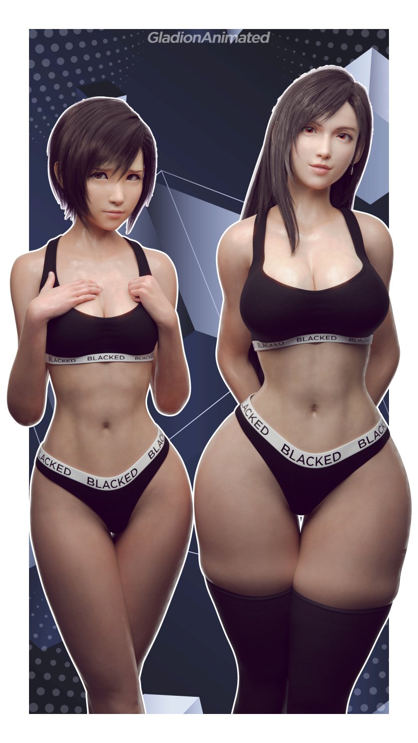 2024 2girls 3d 3d_(artwork) big_breasts bigger_female blacked blacked_clothing breasts brown_hair brown_hair_female brunette_hair clothed clothed_female curvy curvy_female curvy_figure female female_focus female_only final_fantasy final_fantasy_vii final_fantasy_vii_remake gladionanimated larger_female leg_socks light-skinned_female light_skin looking_at_viewer medium_breasts multiple_females multiple_girls petite petite_body petite_female shorter_female smaller_female snowbunny standing thick_thighs thighs tifa_lockhart yuffie_kisaragi