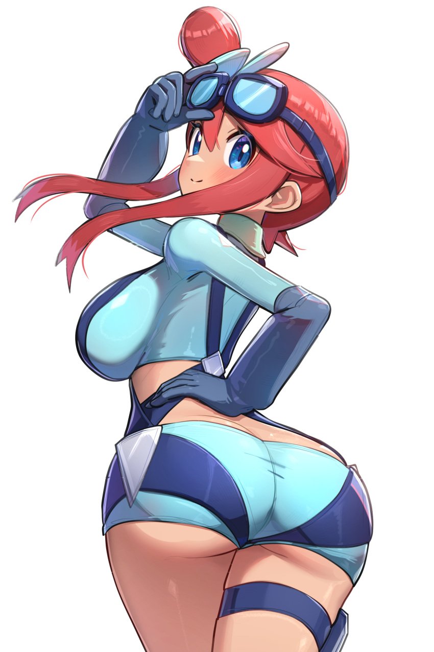 absurdres ass ass_focus big_ass big_breasts blue_eyes breasts creatures_(company) elbow_gloves game_freak gloves goggles goggles_on_head gonzarez hair_ornament hand_on_own_hip highres large_breasts legs_together light_blush nintendo pokemon pokemon_bw red_hair short_shorts shorts simple_background skyla_(pokemon) thick_thighs thigh_strap thighs white_background