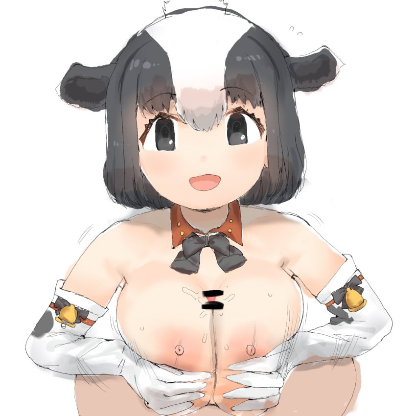 1boy 1girls :d animal_ears animal_print bangs bell between_breasts black_bow black_eyes black_hair blush bow bowtie breast_press breasts breasts_squeezed_together clothing cow_ears cow_girl cow_print crusaderkun5 detached_collar elbow_gloves female flying_sweatdrops gloves grey_hair holstein_friesian_cattle_(kemono_friends) kemono_friends large_breasts looking_at_viewer male multicolored_hair nipples open_mouth paizuri penis print_gloves semen short_hair smile solo_focus straight tail two-tone_hair white_gloves white_hair