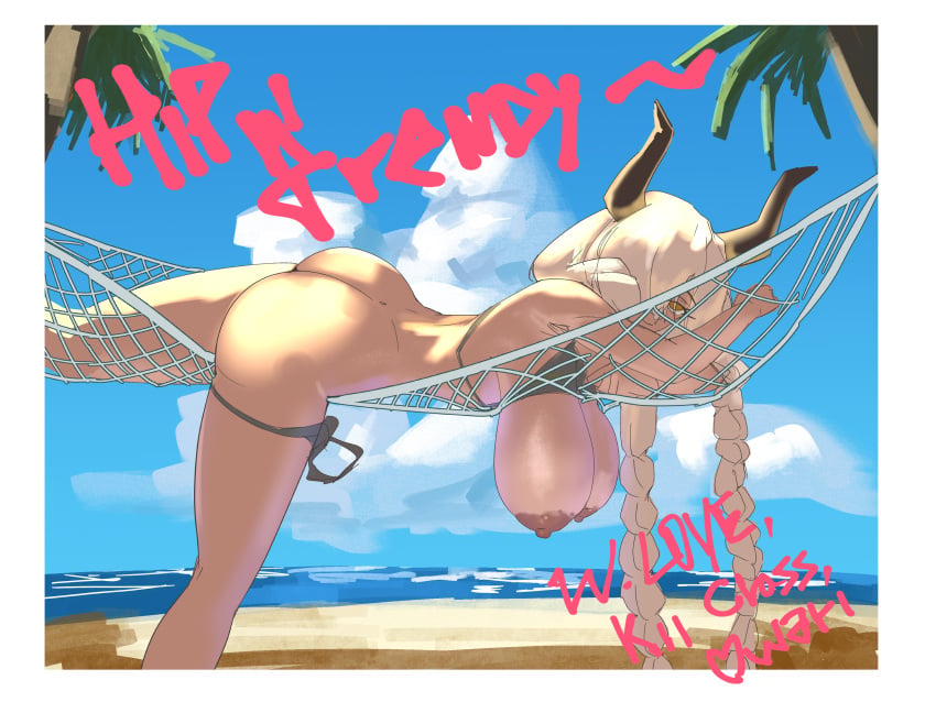 1girls azur_lane beach big_breasts bikini breasts_hang brown_eyes female hammock horns light_brown_skin owari_(azur_lane) oznel platinum_blonde_hair ship swimsuit thighs