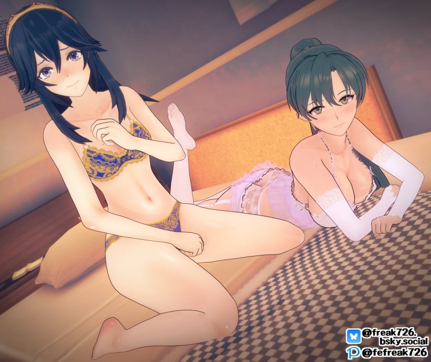 2girls 3d arm_support ass bare_arms bare_legs bare_midriff bare_shoulders bare_thighs barefoot beauty_mark bed bedroom bedroom_eyes big_ass blue_bra blue_eyes blue_hair blue_panties blush book breasts cleavage collarbone crossed_arms fefreak726 female female_only fire_emblem fire_emblem:_the_blazing_blade fire_emblem_awakening garter_belt green_eyes green_hair hand_on_own_chest indoors kneeling large_breasts legs lingerie long_hair looking_at_viewer lucina_(fire_emblem) lyn_(fire_emblem) midriff mole mole_on_breast multiple_girls navel nintendo on_bed on_stomach panties pillow pink_panties ponytail shoulders shy shy_smile small_breasts smile symbol-shaped_pupils take_your_pick thighhighs thighs tiara underwear very_long_hair white_bra yellow_bra yellow_panties