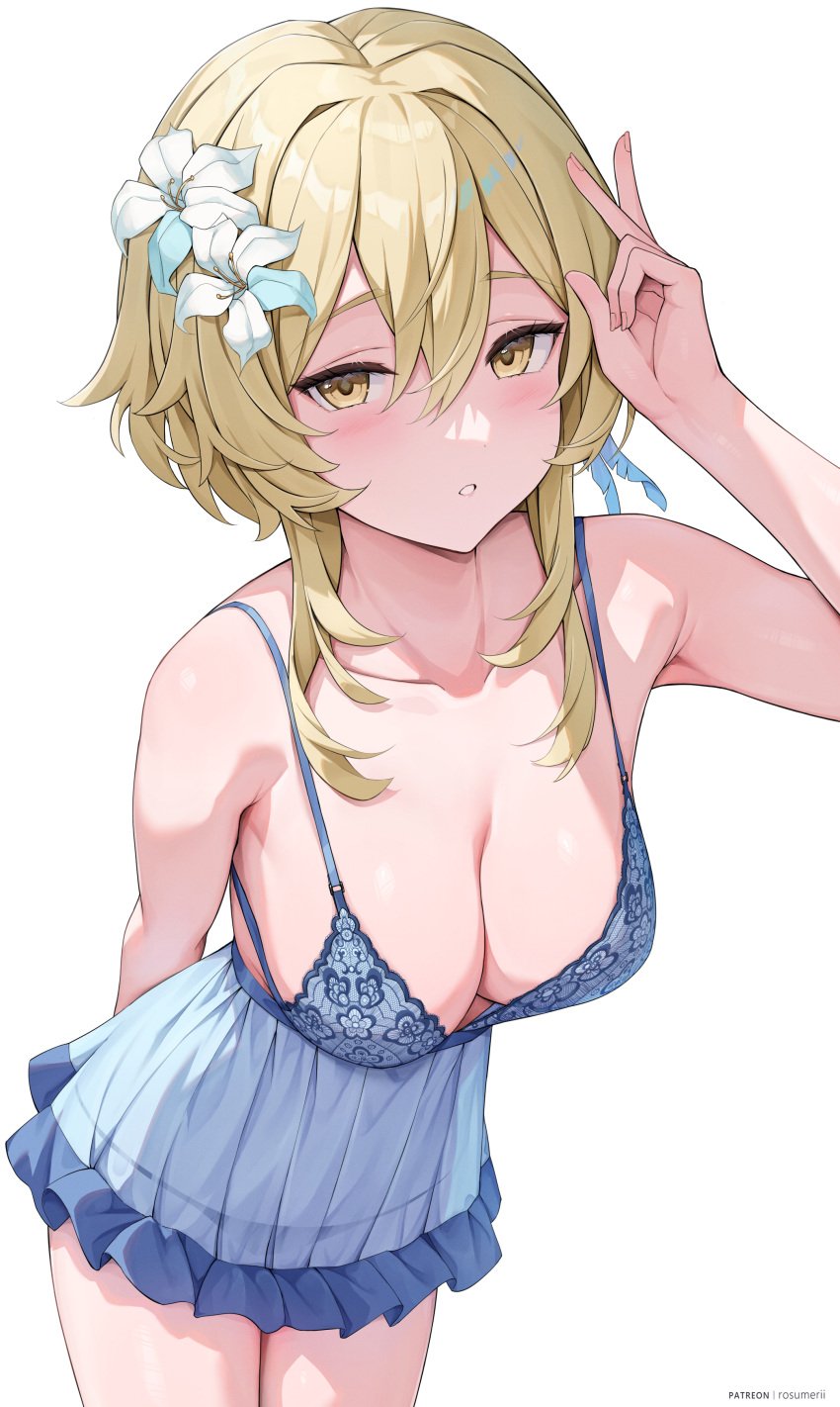 1girls absurd_res absurdres adult adult_female armpit armpit_crease armpit_peek armpits belly belly_button blonde_eyebrows blonde_female blonde_hair blonde_hair blonde_hair_female blue_bra blue_outfit blue_topwear blue_underwear blush blush_face blushed_face blushing_at_viewer blushing_face blushing_female bra breasts busty busty_female busty_girl cleavage collarbone dot_nose elbows fair_skin female female_focus female_only fingernails fingers flower flower_hair_ornament flower_in_hair flower_on_head frilled_bra frilled_outfit frilled_topwear frilled_underwear genshin_impact hair_between_eyes hair_ornament hair_ornaments hairless_armpits hand_behind_back hand_sign high_resolution highres hourglass_figure lace-trimmed_bra lace_bra lace_underwear laced_bra laced_underwear large_breasts lean_body lean_figure legs legs_closed legs_together light-skined_female light-skinned light-skinned_female light_skin light_skin_female light_skinned light_skinned_female long_hair looking_at_viewer looking_up looking_up_at_viewer lumine_(genshin_impact) mature mature_female narrow_waist navel outfit pale pale-skinned_female pale_skin pale_skinned_female parted_lips peace_sign rosumerii sexy_armpits shaved_armpits shoulders sidelocks sign simple_background slender_body slender_waist slim_girl slim_waist smooth_armpits smooth_skin solo standing thick_thighs thighs thin_waist topwear underwear upper_body v v_sign white_background wide_hips yellow_eyes yellow_eyes_female