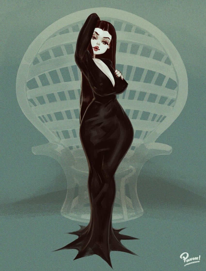 2d 2d_(artwork) big_breasts black_hair breasts busty female female_focus female_only full_body hourglass_figure lipstick long_hair makeup milf morticia_addams pale-skinned_female pale_skin pinafore_(artist) standing tagme the_addams_family wide_hips