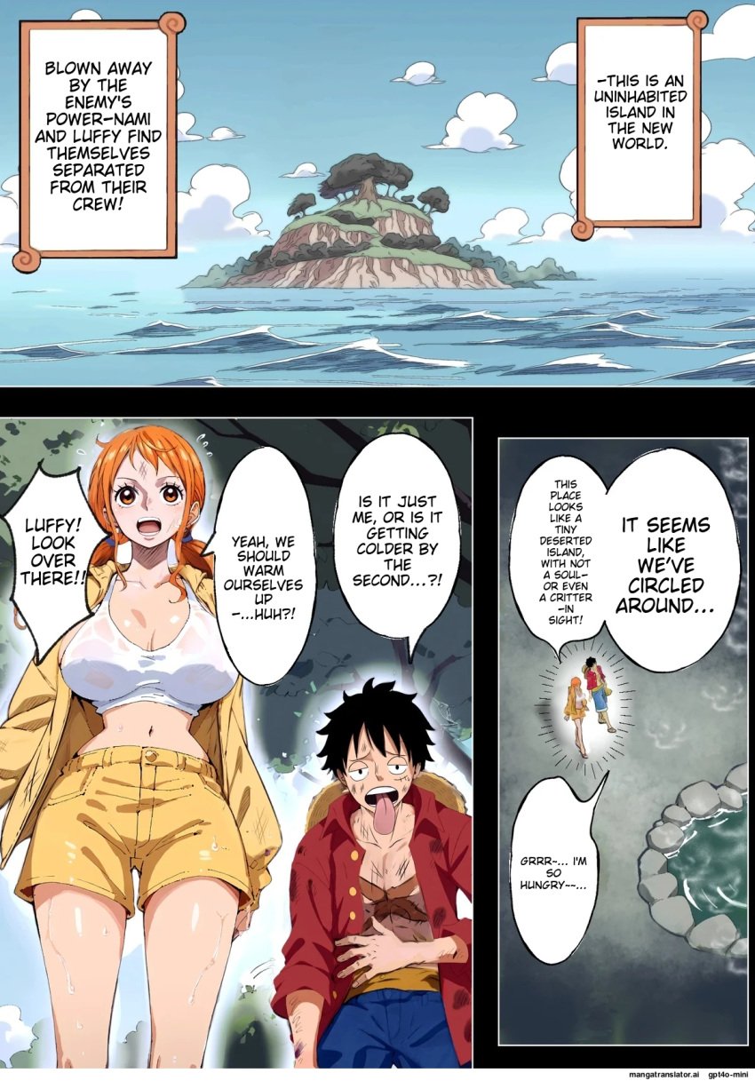 big_breasts comic comic_page curvy curvy_body curvy_female curvy_figure female legs male monkey_d_luffy nami one_piece orange_hair rodorodo610 sweat sweatdrop text