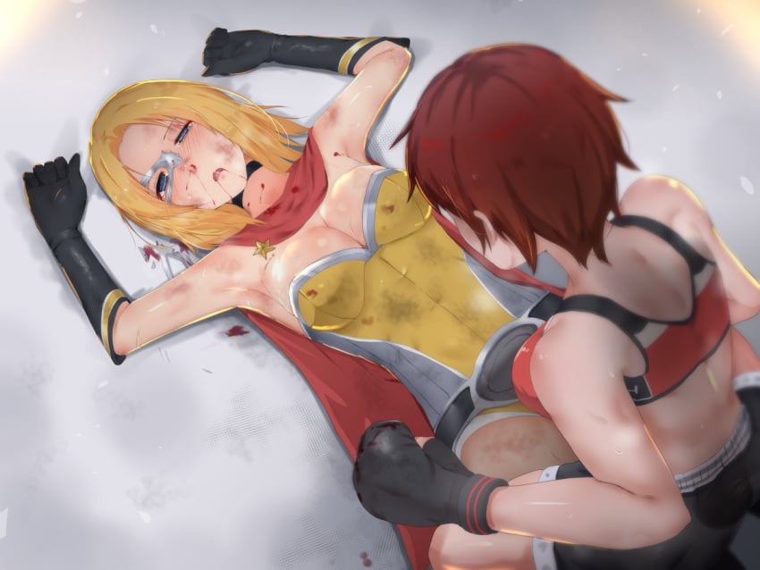 2girls blonde_hair blood blue_eyes boxing_gloves brown_hair bruise cape catfight choker commission dead_or_alive defeat domino_mask female_focus fighting friends injury leotard mask mila_(doa) mixed_martial_arts multiple_girls nosebleed open_mouth red_cape ryona sports_bra strapless strapless_leotard superhero_costume tecmo tina_armstrong torn_clothes yotaka_(d8spc4r3)