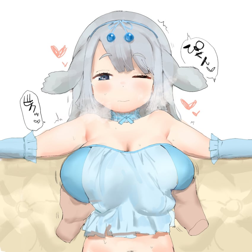 1boy animal_ears bangs bare_shoulders big_breasts blue_eyes blush breast_grab breasts cleavage closed_mouth clothing crusaderkun5 detached_sleeves disembodied_limb dugong_(kemono_friends) female gloves grabbing grey_hair groping hairband heart kemono_friends large_breasts long_hair looking_at_viewer male navel one_eye_closed outstretched_arms solo_focus spread_arms straight strapless sweat upper_body