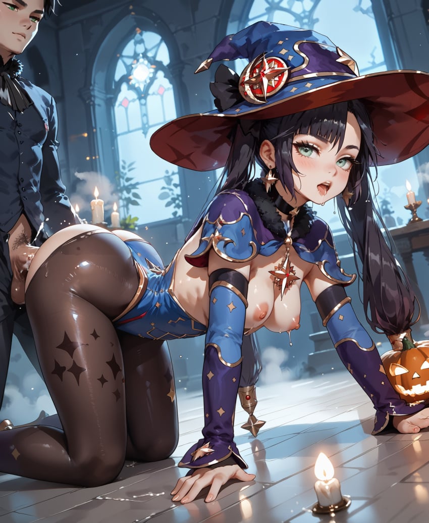 ai_generated akira_hentai ass black_choker black_gloves black_hair black_pantyhose bra breasts breasts_exposed candles capelet cum dark detached_sleeves doggy doggy_style exposed female from_behind fur_collar genshin_impact gold_footwear halloween horny long_hair long_sleeves magic mona_(genshin_impact) mysterious nipples on_knees pumpkins purple_leotard pussy saliva seductive shadows sitting spit thighlet thighs twintails witch