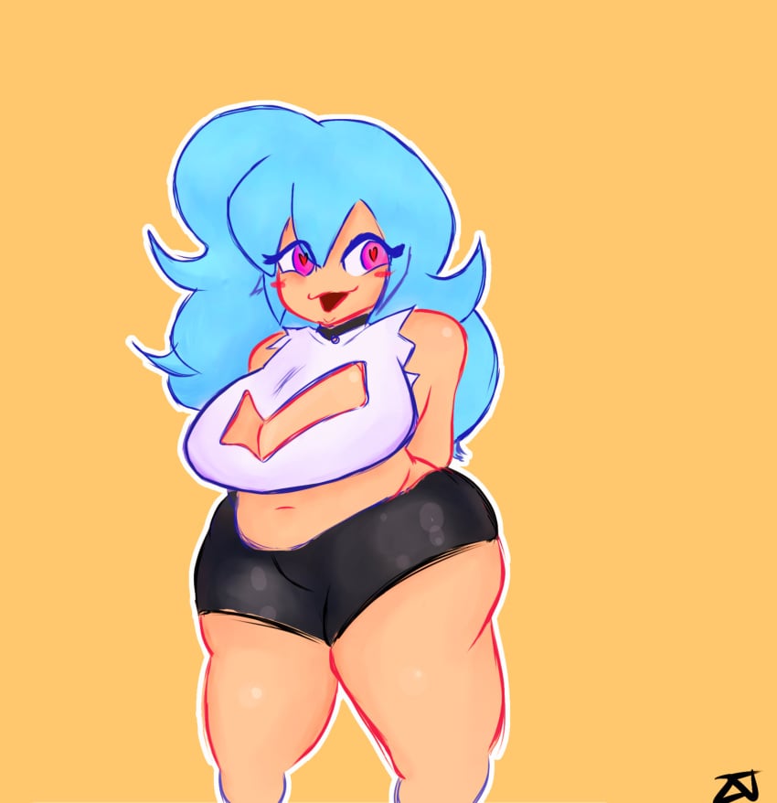 alternate_universe blue_hair boob_window chubby chubby_female female female_only friday_night_funkin friday_night_funkin_mod heart-shaped_pupils pink_eyes skyblue skyblue_(friday_night_funkin) skyverse smile thick_thighs wide_hips zeeverse