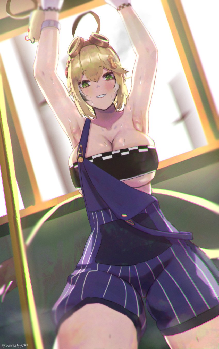 armpits arms_above_head artist_name blonde_hair checkered_bra cleavage cleavage_overflow conductor_hat conductor_uniform dooby3d erasorpepero gloves goggles green_eyes indie_virtual_youtuber jerboa jerboa_humanoid strap_slip sweat train train_interior underboob virtual_youtuber wakipai watermark