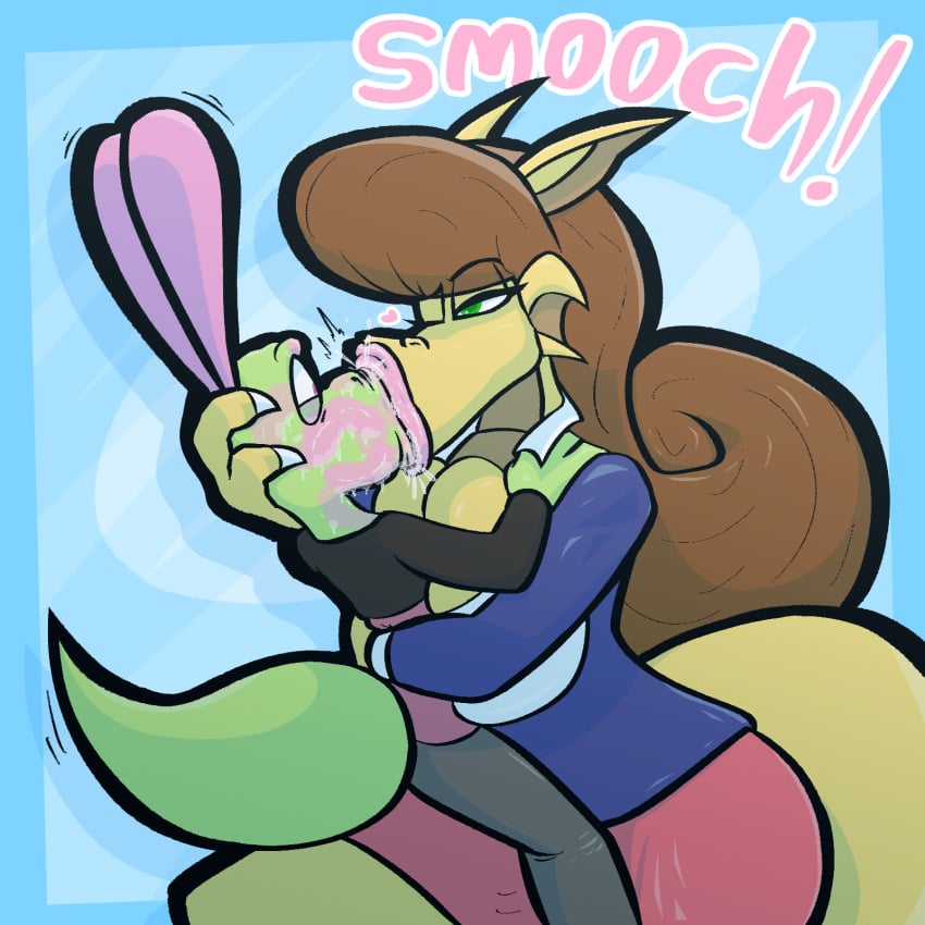 1boy 1girls 2d 2d_(artwork) anthro breast_squeeze breasts brown_hair dragon dragon_girl eyelashes female flat_colors green_body green_eyes jimmy_(jamearts) kiss_mark kissing lips lipstick lipstick_mark lizard lizardman long_hair male male/female medium_breasts mk210 mwah one_eye_closed pink_eyes pink_lips pink_lipstick pink_skirt pointy_ears rebecca_(jamearts) saliva saliva_drip scalie skirt smooch spit student tail teacher teacher_and_student wink yellow_body