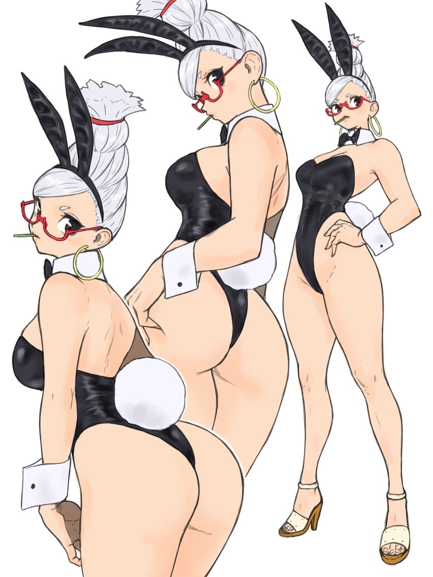 1girls ass ayase_seiko black_eyes bunny_ears bunny_ears_(cosmetic) bunny_tail bunnysuit dandadan detached_collar earrings female female_only gilf glasses heels hi_res legs looking_at_viewer neck_ribbon solo thick_thighs tied_hair toshinoshin00 white_background white_hair wrist_cuffs