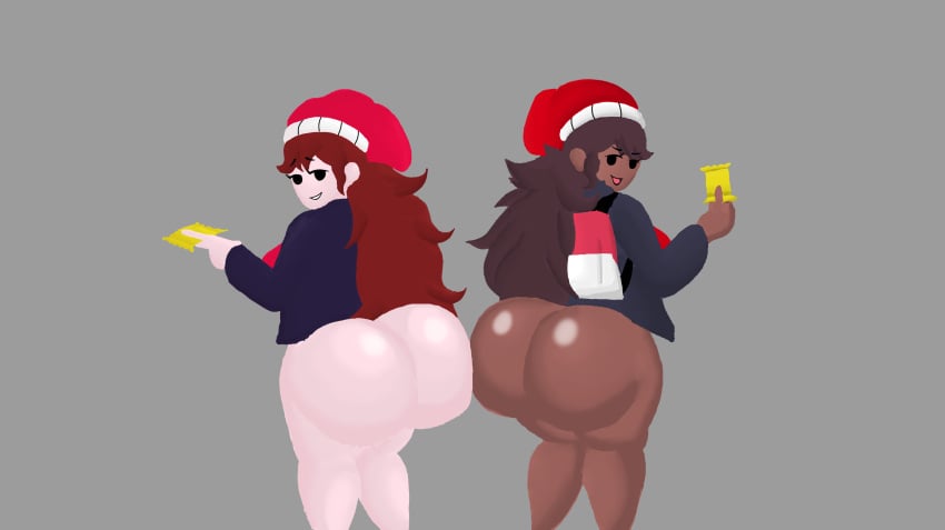 20xxtrilogy 2d_(artwork) 2d_artwork 2girls ass backpack big_ass big_butt bottom_heavy bottomless brown_hair butt_bump females_only friday_night_funkin friday_night_funkin_lullaby hat hips holding_condom looking_back_at_partner looking_back_at_viewer lullaby_girlfriend_(fnf) lullaby_girlfriend_(fnf_redesign) no_background no_panties no_pants painting_(artwork) sideboob suggestive_gesture suggestive_look thick_thighs thighs wide_hips