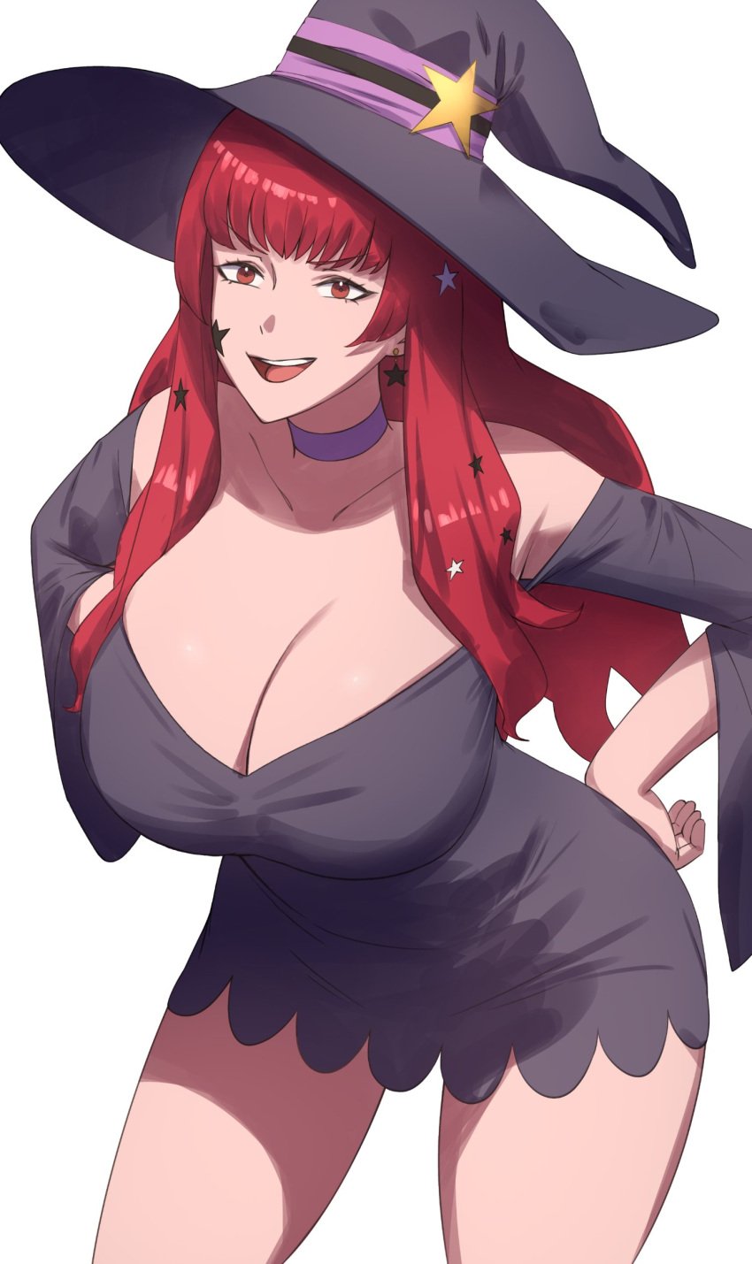 1girls big_breasts breasts choker cleavage female fire_emblem fire_emblem_engage hat highres large_breasts nintendo red_eyes red_hair shou_illust star_sticker tagme witch_hat yunaka_(fire_emblem)