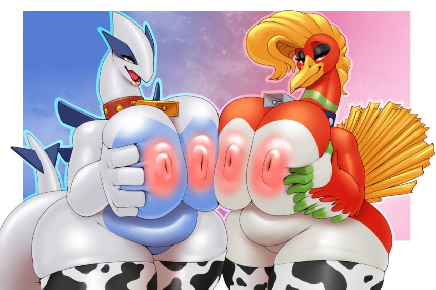 2girls anthro bedroom_eyes belly big_ass bird chubby chubby_female cow_print cowbell dragon ho-oh huge_breasts inverted_nipples looking_at_viewer lugia mini_giantess pokemon pressing_breasts_together squished_breasts tagme thick_thighs thighhighs waterabsorbant