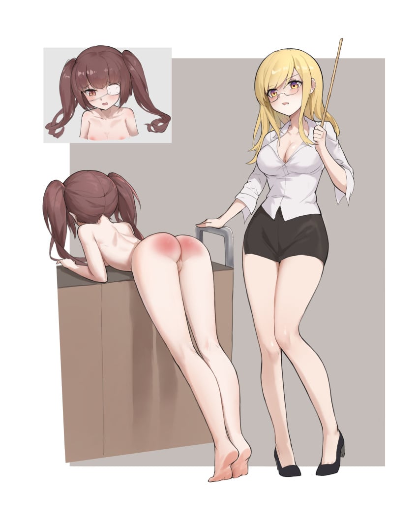 2girls absurdres attack_of_the_hatogod bare_ass bare_legs barefoot bent_over black_footwear blonde_hair breasts brown_eyes brown_hair caning close-up clothed_female_nude_female collarbone commentary_request completely_nude completely_nude_female copyright_request embarrassed eyepatch glasses hanazono_yurine high_heels highres jashin-chan_dropkick large_breasts mature_female multiple_girls multiple_views nipples nude nude_female open_mouth original pencil_skirt punishment punishment_spanking pussy shoulder_blades skirt spanked spanked_butt spanking twintails yellow_eyes