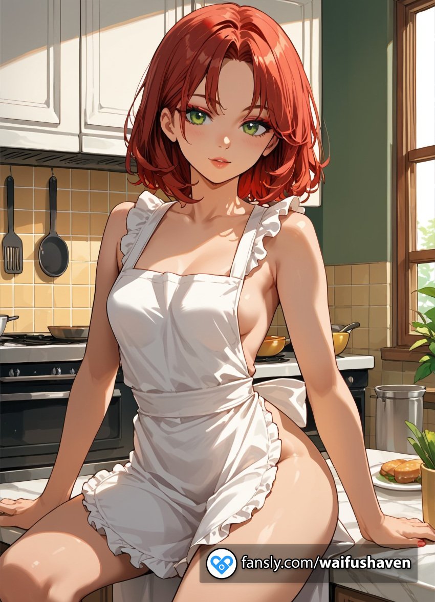 ai_generated apron b_cup bb_cup breasts chef cook costume female green_eyes kitchen red_hair short_hair skinny small solo thin thin_body viewer_pov young