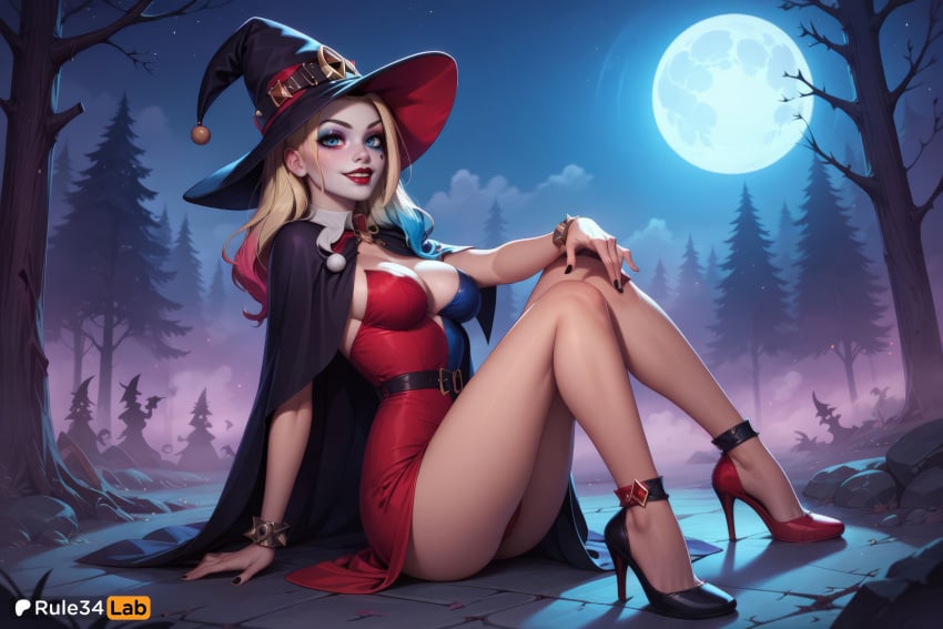 1girls ai_generated artist_name belt big_breasts black_headwear black_nails blonde_hair blue_eyes blue_hair bracelet breasts cape cleavage dc dc_comics dress earrings eyeshadow full_body full_moon gradient_hair halloween harley_quinn harley_quinn_(series) hat hi_res high_heels jewelry large_breasts lips lipstick long_hair looking_at_viewer makeup medium_breasts moon multicolored_hair nail_polish night outdoors parted_lips patreon_username red_dress red_footwear red_lips rule34lab sitting sky smile solo spiked_bracelet tree witch_hat