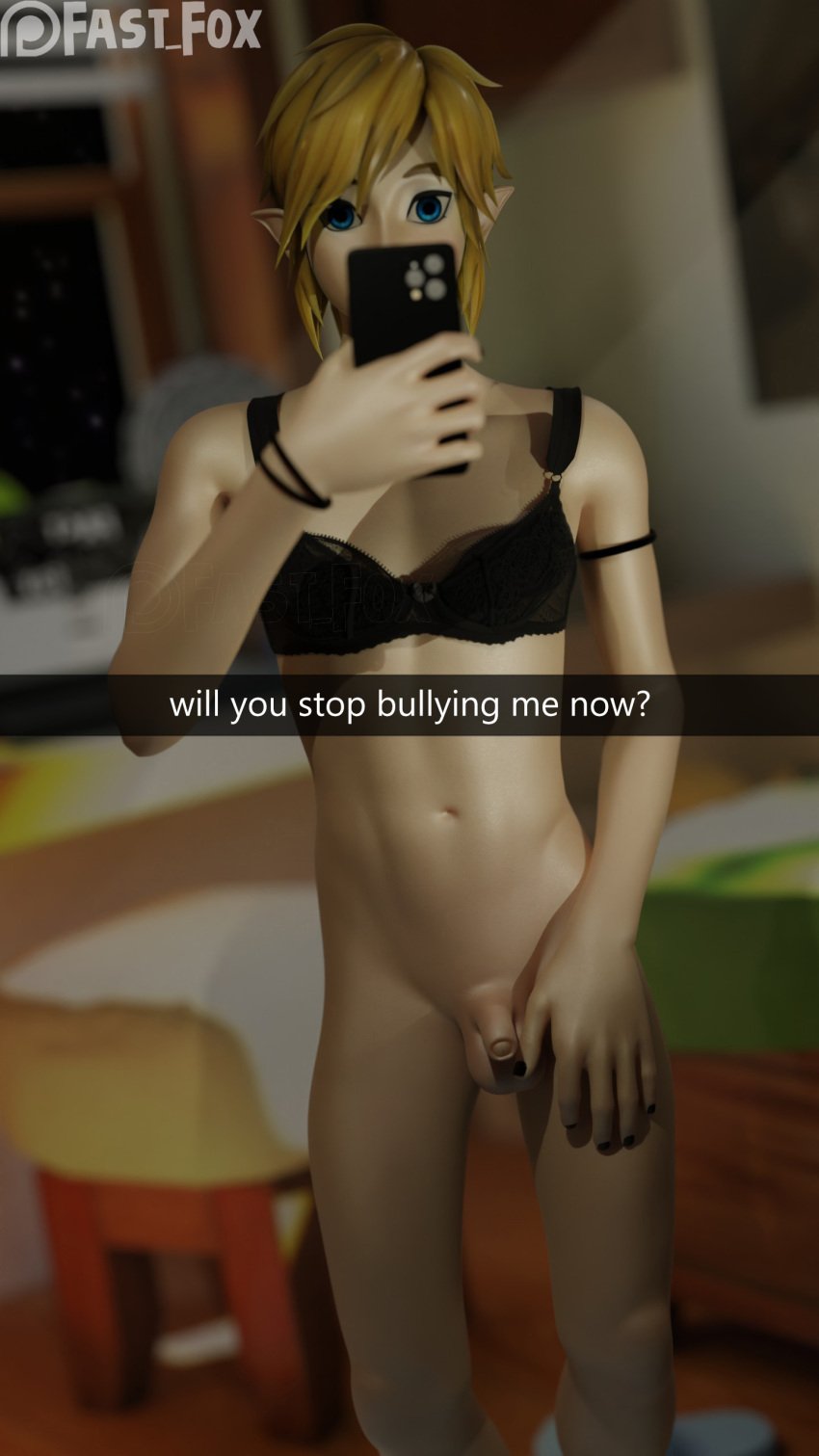 bully bullying caption crossdressing fast_fox femboy link link_(hyrule_warriors) looking_at_viewer male male_only phone selfie small_penis small_penis_humiliation snapchat teasing teasing_viewer the_legend_of_zelda the_legend_of_zelda:_breath_of_the_wild twink