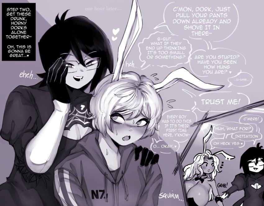 1boy 2girls anthro big_areola big_breasts blush breast_squeeze breasts breasts_bigger_than_head bunny_costume bunny_ears bunnysuit comic comic_page cosplay cute_face dirty_talk dravisdraws drunk femboy glasses huge_breasts implied_incest implied_sex incest oliver_(dravisdraws) original original_character shy size_talk teasing text vanessa_(dravisdraws) white_hair white_text yorha_2b_(cosplay)