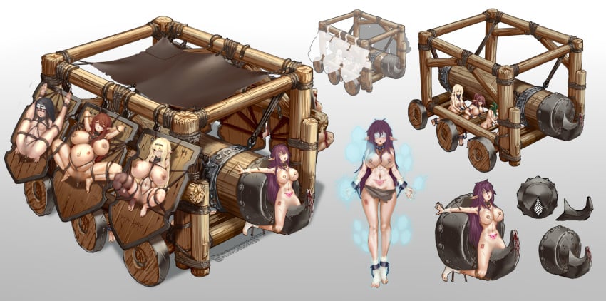 6+girls blindfold blonde_hair blur_censor bondage breasts brown_hair censored chinese_commentary coif collar commentary_request cuffs elf gradient_background grey_background harness highres large_breasts loincloth long_hair meat_armor multiple_girls nipple_chain nipple_piercing nipples original piercing pointy_ears pregnant pubic_tattoo purple_hair restrained shackles siege_weapon slave small_breasts tattoo yakou_(4507770)