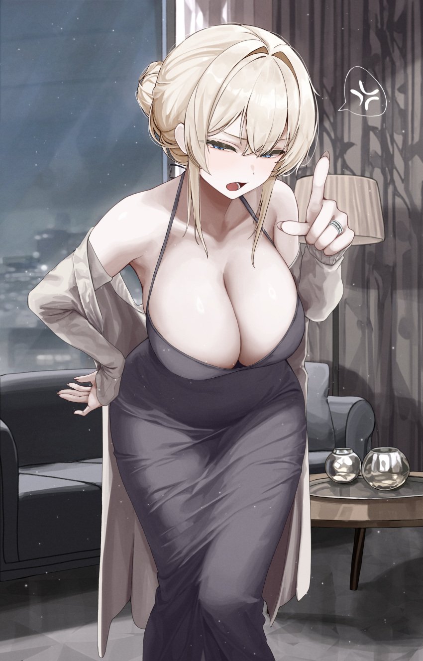 1girls angry bare_shoulders big_breasts blonde_hair blue_eyes breasts cleavage detailed_background dress gwan-e hair_bun half-closed_eyes leaning_forward looking_at_viewer milf mother original original_character pointing solo talking_to_viewer thick_thighs tied_hair tight_clothing tsukasa_erin