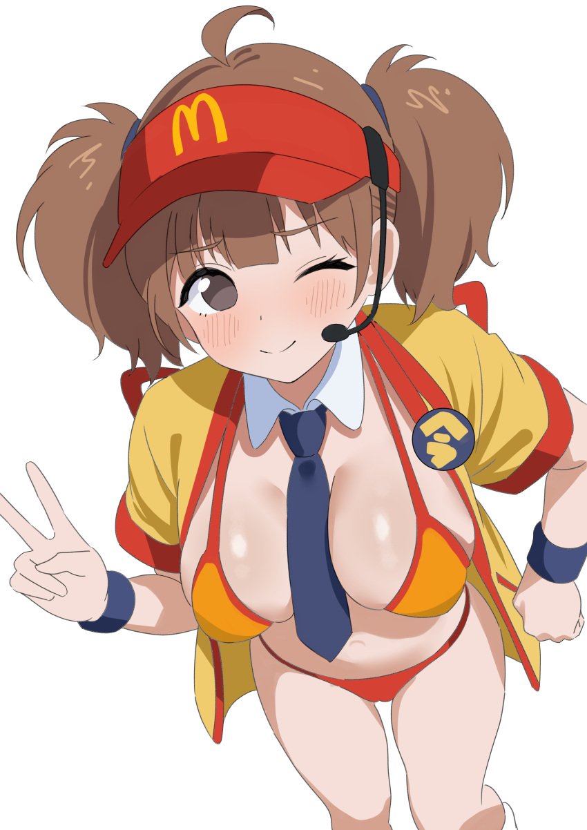 bikini detached_collar double_cheese_(mcdonald's) embarrassed high-angle_view large_breasts mcdonald's necktie necktie_between_breasts nervous_smile one_eye_closed open_jacket smile v