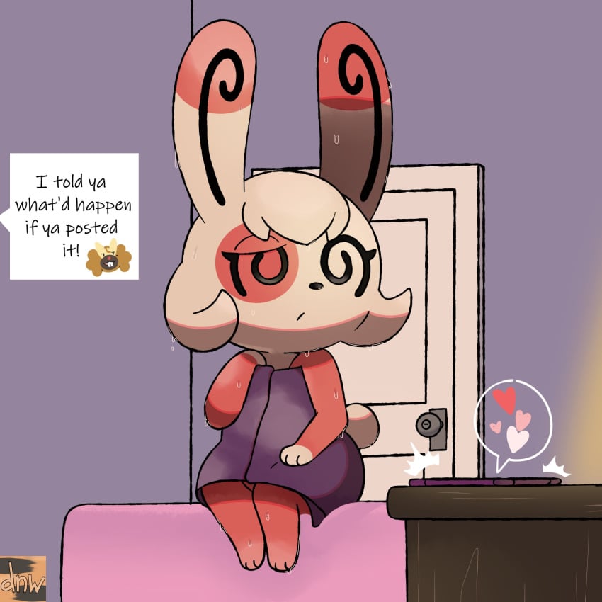 after_shower anthro bunny_ears bunny_tail cheeky darknwindie eye_markings female game_freak nintendo notification pokemon pokemon_(species) spinda wet