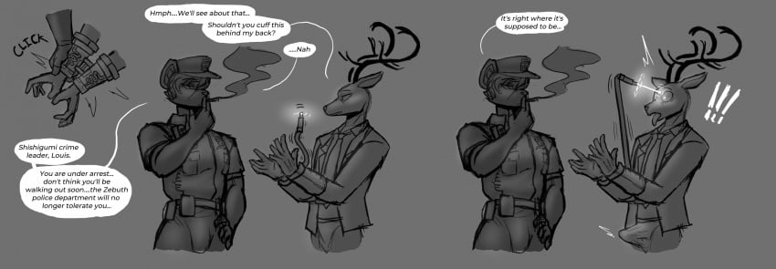 2024 absurd_res anthro antlers arrested beastars bottomwear cigarette clothed clothed_anthro clothed_male clothing cuff_(restraint) deer dialogue duo english_text erection erection_under_clothing greyscale handcuffed handcuffs hi_res horn hugo_(kuro-freak) hyena hypnosis hypnotic_device hypnovember kuro-freak louis_(beastars) male mammal metal_cuffs mind_control monochrome pants police police_officer restraints shirt smoke smoking smoking_cigarette speech_bubble text tongue tongue_out topwear