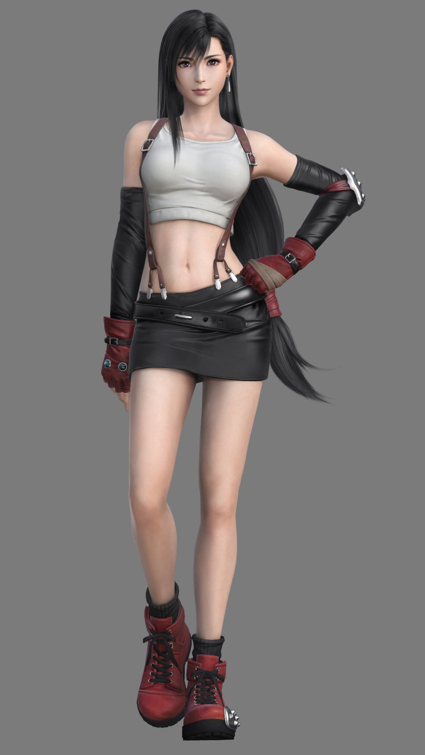 boots breasts brown_eyes clothed clothed_female dark_hair dissidia dissidia_final_fantasy earring final_fantasy final_fantasy_vii gloves hand_on_hip legs long_hair looking_at_viewer midriff midriff_baring_shirt official_art red_eyes smile smiling suspenders tifa_lockhart