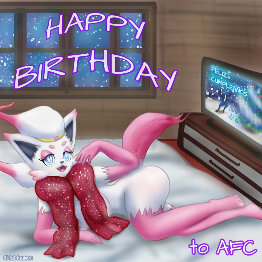 1:1 absurd_res anthro areola ass bed bedroom_eyes black_areola blubluumon body breasts electronics female fur furniture generation_4_pokemon generation_8_pokemon happy_birthday hi_res hisuian_form hisuian_zorua looking_at_viewer lucario narrowed_eyes nintendo nipples open_mouth pink pokemon pokemon_(species) pokemon_legends_arceus pose regional_form_(pokemon) seductive smile smiling_at_viewer solo television white_body white_fur zabrina_(afc) zorua