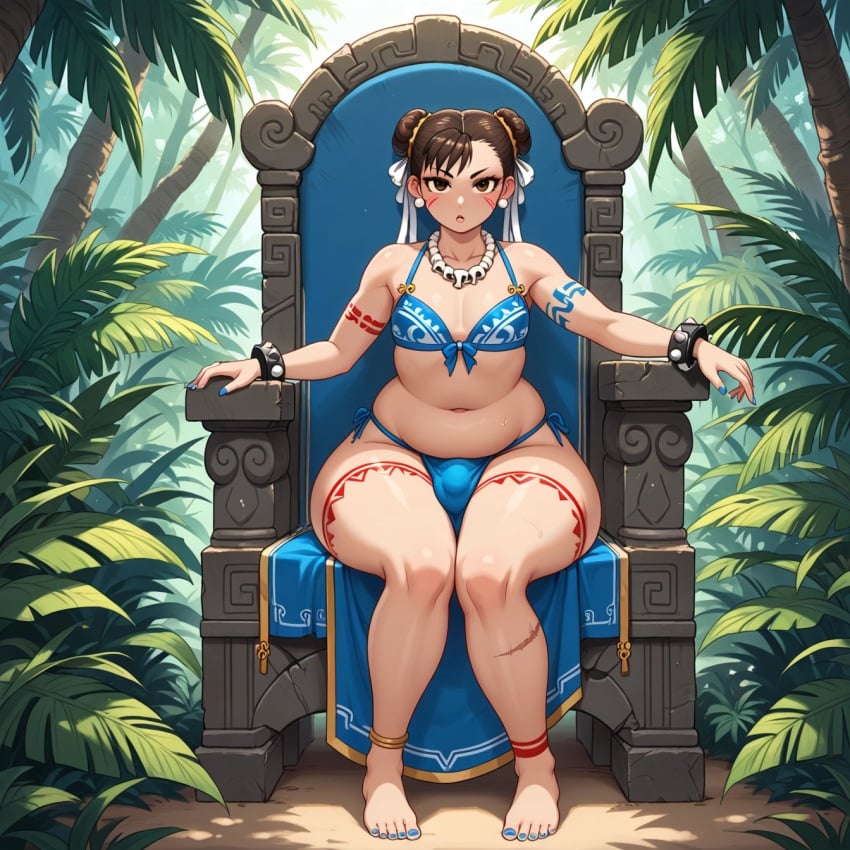 1boy ai_generated anklewear blue_nails bone_necklace bra brown_hair bulge chun-li earrings femboy girly huge_butt huge_hips jungle leg_scar male necklace plump scorpyfemboy sexy.ai solo street_fighter thick_thighs thong throne tribal tribal_clothing tribal_jewelry tribal_tattoo wide_hips wristband