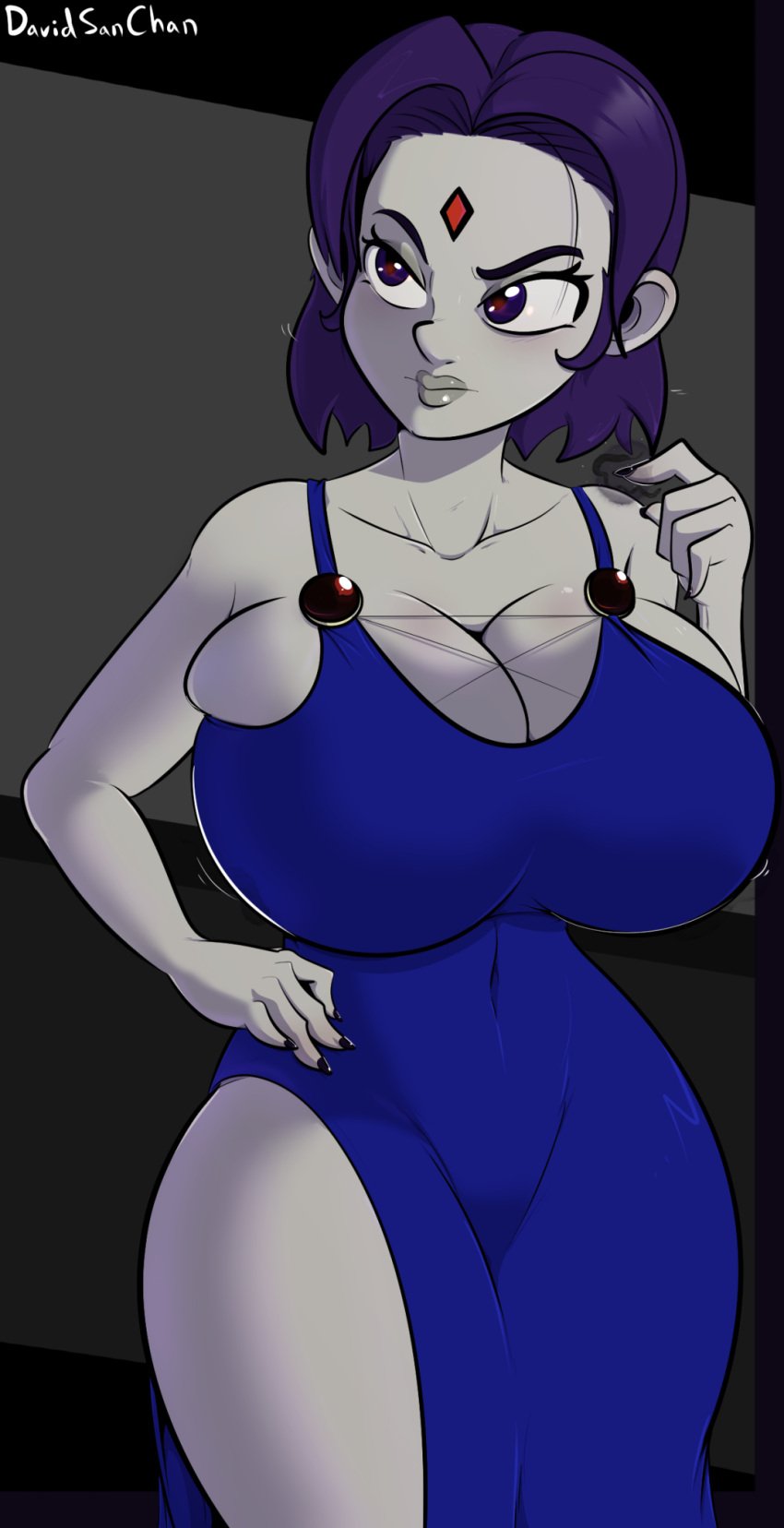 1girls big_breasts blue_clothing blue_eyes blue_outfit breasts cleavage cleavage_cutout davidsanchan dc dc_comics female female_only formal_clothes formal_wear frown frowning fully_clothed gray_skinned_female grey_skin grey_skinned_female jewelry large_breasts looking_at_viewer pillar pillars purple_hair rachel_roth raven_(dc) short_hair solo solo_female solo_focus teen_titans thighs unsure