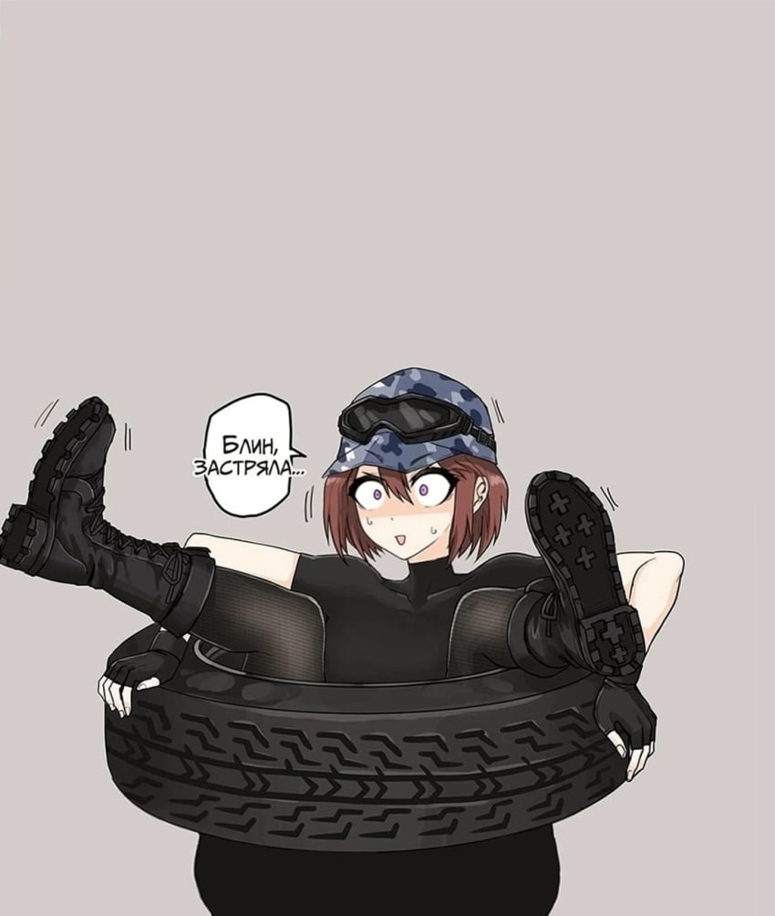 1girls brown_hair cap female fuku image_set russian russian_text security security_guard short_hair shorts stuck stuck_in_object thick_thighs thighs tight_clothing tight_shorts