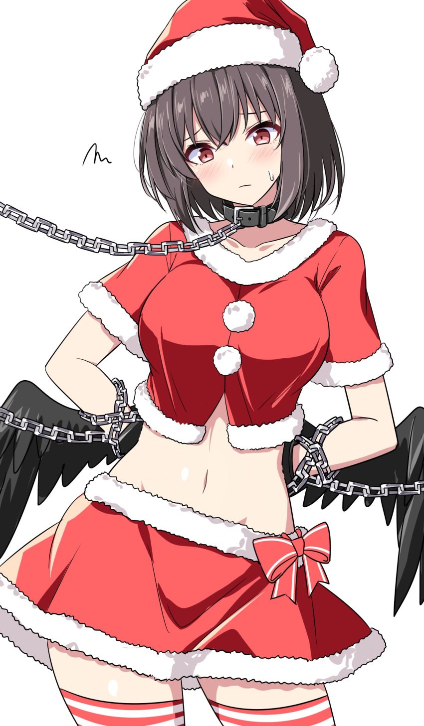 alternate_costume alternate_headwear belt_collar bird_wings black_wings bondage bound brown_hair chains collar female fur-trimmed_skirt fur_trim hat highres horizontal-striped_thighhighs looking_at_viewer midriff navel pom_pom_(clothes) red_eyes red_hat red_skirt red_thighhighs rise_(rise19851203) santa_costume santa_hat shameimaru_aya short_sleeves skirt solo squiggle sweatdrop thighhighs touhou white_thighhighs wings