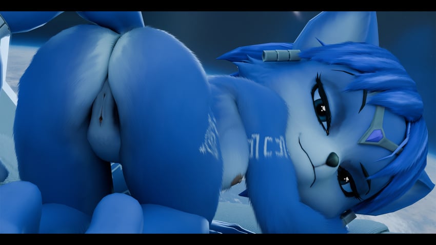 2025 3d accessory all_fours anthro areola ass beads blue_body blue_eyes blue_fur blue_hair breasts canid canine circlet digital_media_(artwork) eyebrows eyelashes feet female fox fur genitals hair hair_accessory hair_beads hi_res krystal krystal_(star_fox) mammal markings nintendo nipples nude planet pussy silvarus solo space star_fox white_body white_fur window