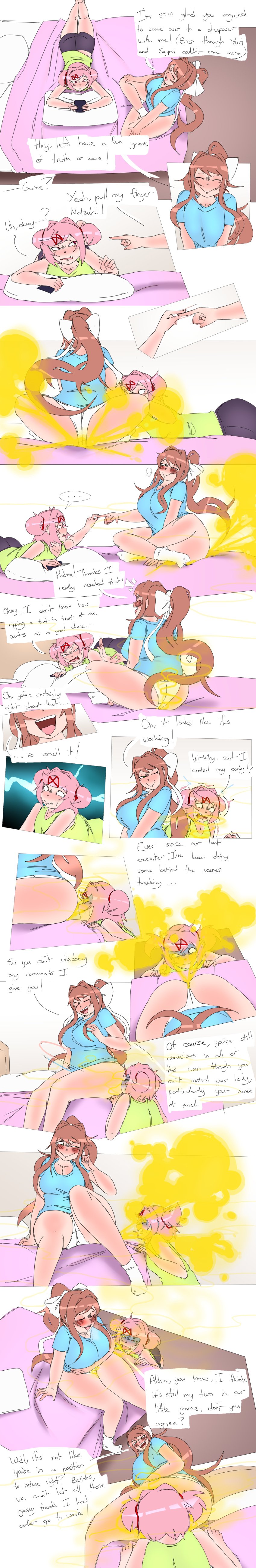 2d blush bullying comic dare dialogue doki_doki_literature_club fart fart_fetish fart_sniffing fart_torture fat_ass female lazei monika_(doki_doki_literature_club) natsuki_(doki_doki_literature_club) stinky teasing text yuri