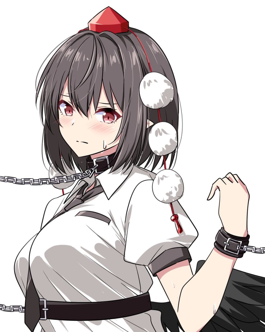 belt_collar bird_wings black_necktie black_wings blush bondage bondage_cuffs bound breasts brown_hair chains closed_mouth collar collared_shirt cuffs female hat highres leash looking_at_viewer medium_hair necktie pointy_ears pom_pom_(clothes) puffy_short_sleeves puffy_sleeves red_eyes red_hat rise_(rise19851203) shameimaru_aya shirt short_sleeves slave solo sweatdrop tokin_hat touhou white_shirt wings