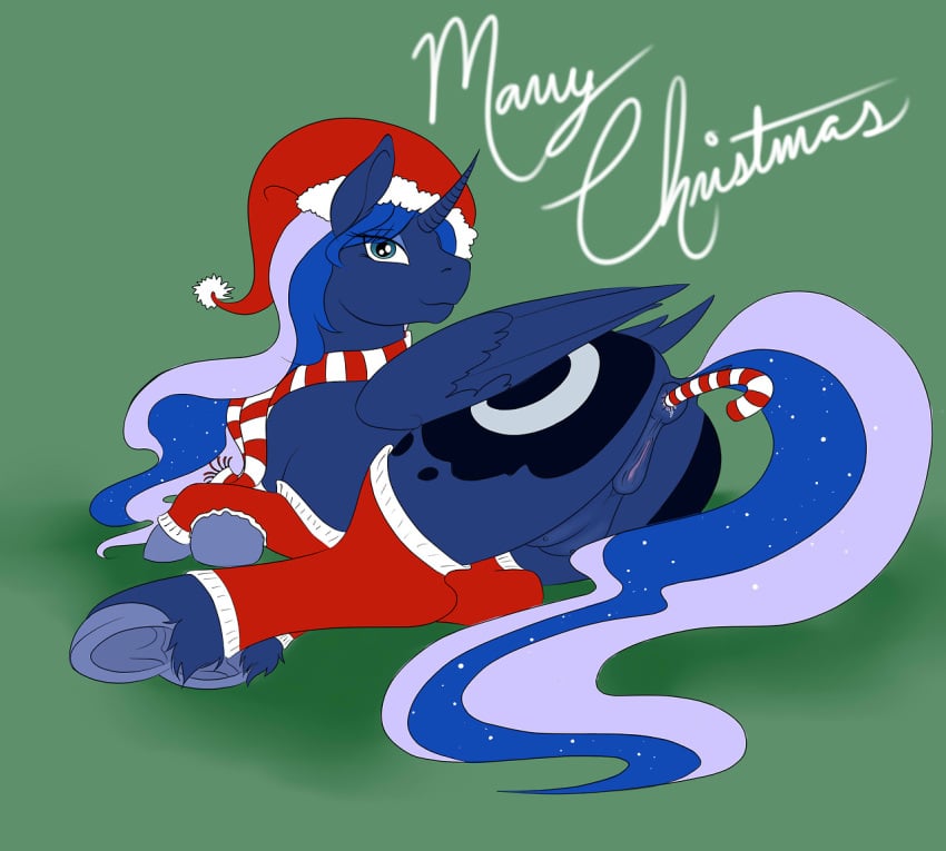 2014 alicorn anal anal_insertion anal_sex anatomically_correct anus arm_warmers ass blue_eyes blue_feathers blue_fur blue_hair candy_cane christmas crotchboobs cutie_mark equine female friendship_is_magic fur glittering_hair hair hat holidays hooves horn insertion looking_at_viewer looking_back lying mammal my_little_pony on_side penetration phathusa princess_luna_(mlp) pussy santa_hat scarf smile solo stockings wings