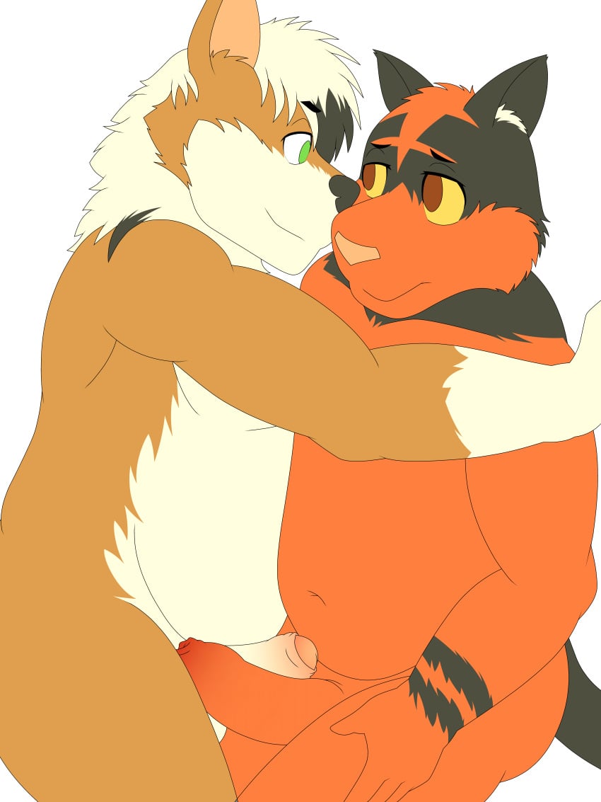 absurd_res anthro canid dusk_lycanroc erection felid feline foreskin frottage generation_7_pokemon genitals hi_res lycanroc mammal nintendo penile penis pokemon pokemon_(species) sex slightly_chubby torracat uncircumcised