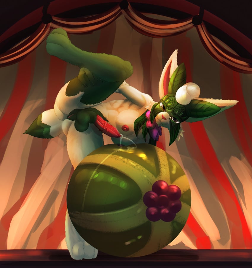 absurd_res animal_genitalia animal_penis anthro areola ass balls big_breasts bodily_fluids breasts circus digital_media_(artwork) eggs_(sterzoi) erection felid feline ferrn fur futanari generation_9_pokemon genital_fluids genitals green_body green_fur hair herm hi_res huge_filesize intersex looking_at_viewer mammal meowscarada nintendo nipples nude pantherine penis pokemon pokemon_(species) pussy simple_background smile solo tail thick_thighs white_body white_fur