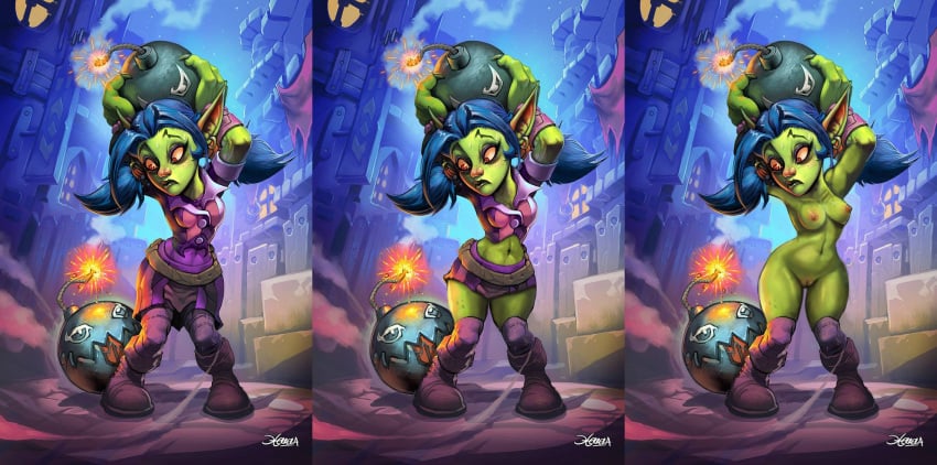 blizzard_entertainment blue_hair blue_hair_female bomb bomb_squad bomb_squad_(hearthstone) dusktempo edit edited edited_art edited_image edited_official_artwork female goblin goblin_(warcraft) goblin_female green_body green_skin green_skinned_female hearthstone official_art warcraft world_of_warcraft zombiequalia