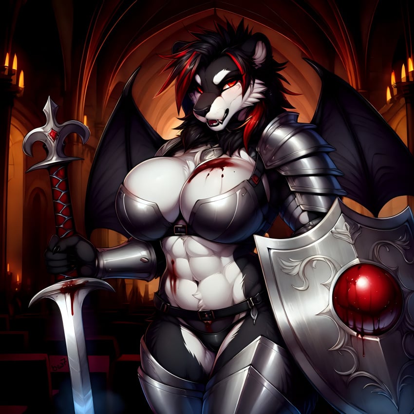 ai_art ai_generated anthro armor bat_wings big_breasts black_hair blood blood_splatter breasts curvy_female demon feline female furry furry_female humanoid lioness medieval red_clothing red_eyes red_highlights revealing_clothes revealing_outfit sfw shield silver_armor solo sword wings
