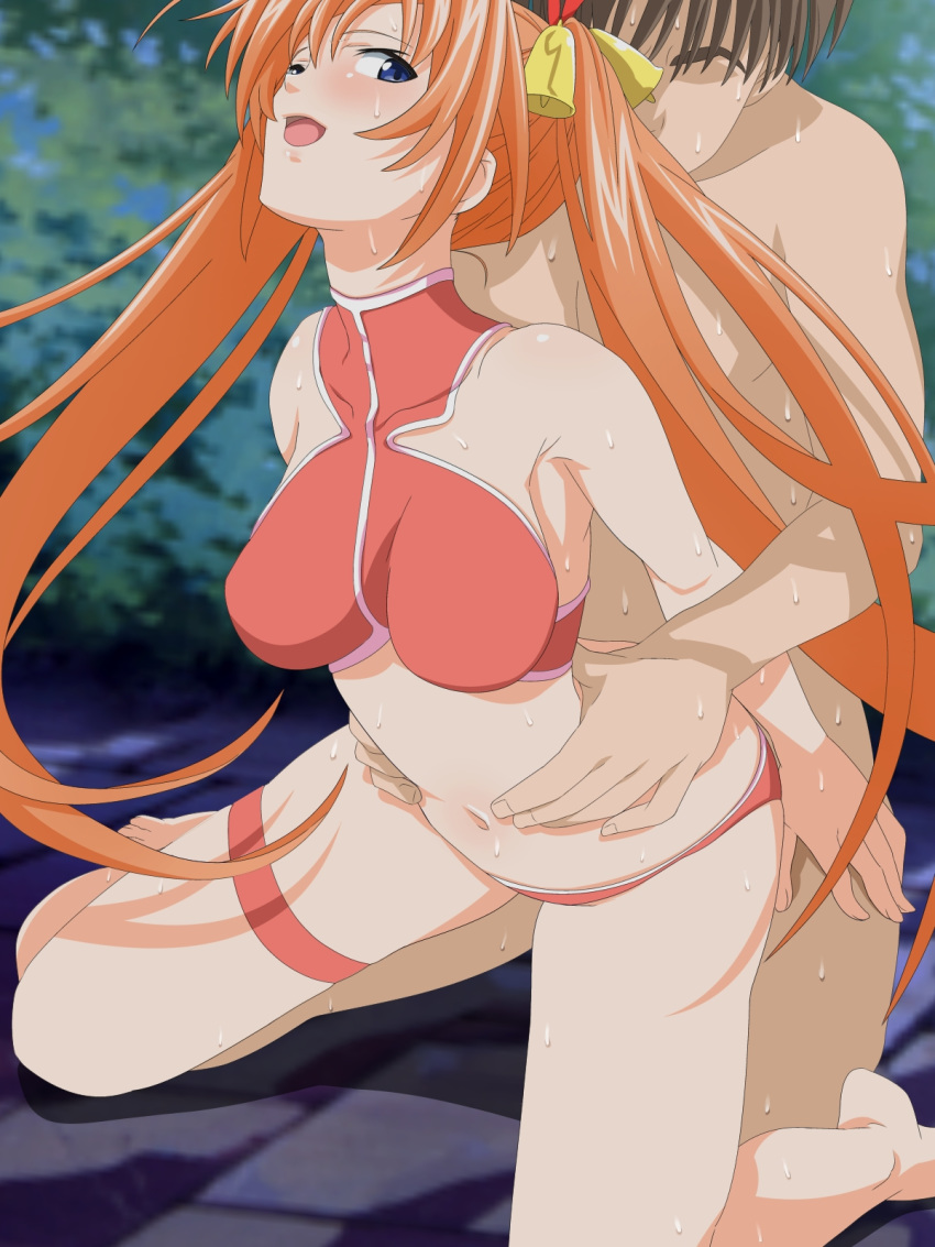 1boy bare_shoulders bikini blue_eyes blush breasts brown_hair carrot_(artist) female highres kagurazaka_asuna kneeling large_breasts legs looking_back mahou_sensei_negima! medium_breasts navel open_mouth orange_hair sex sex_from_behind short_hair sweat swimsuit thighs tied_hair twintails vaginal_penetration very_long_hair