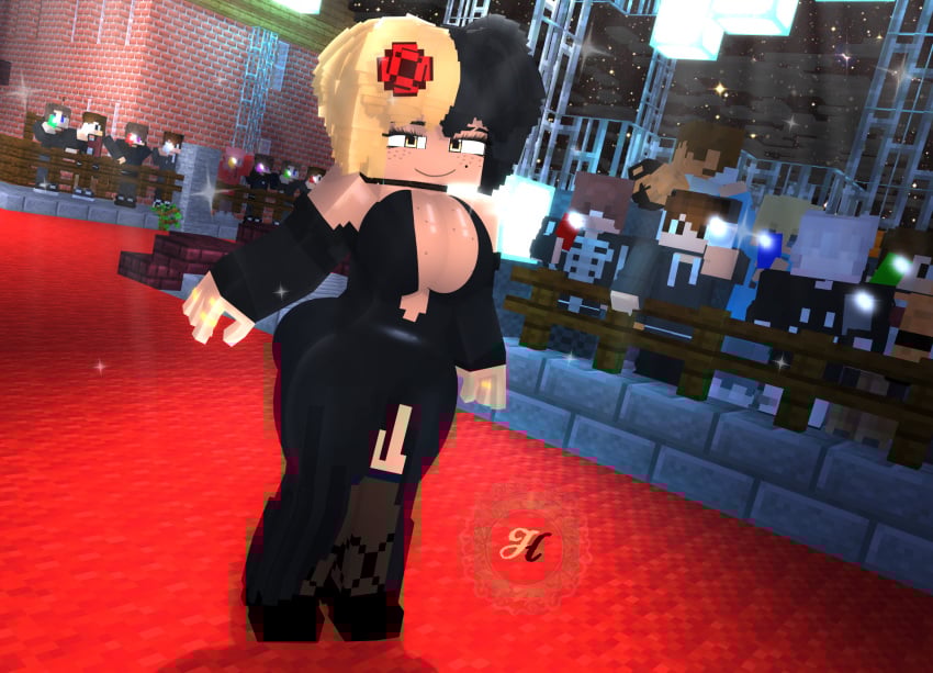 3d black_and_blonde_hair female honey_(theactualhoney) looking_at_viewer mine-imator minecraft theactualhoney