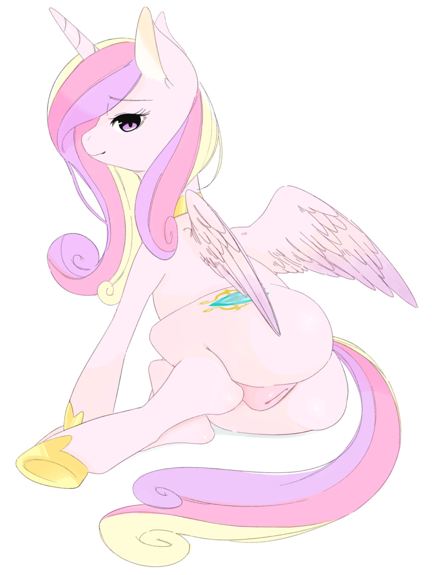 2014 alicorn ass equine female friendship_is_magic furry hair horn horse japananon long_hair looking_at_viewer mammal my_little_pony on_side pink_fur plain_background pony princess_cadance_(mlp) pussy solo white_background wings