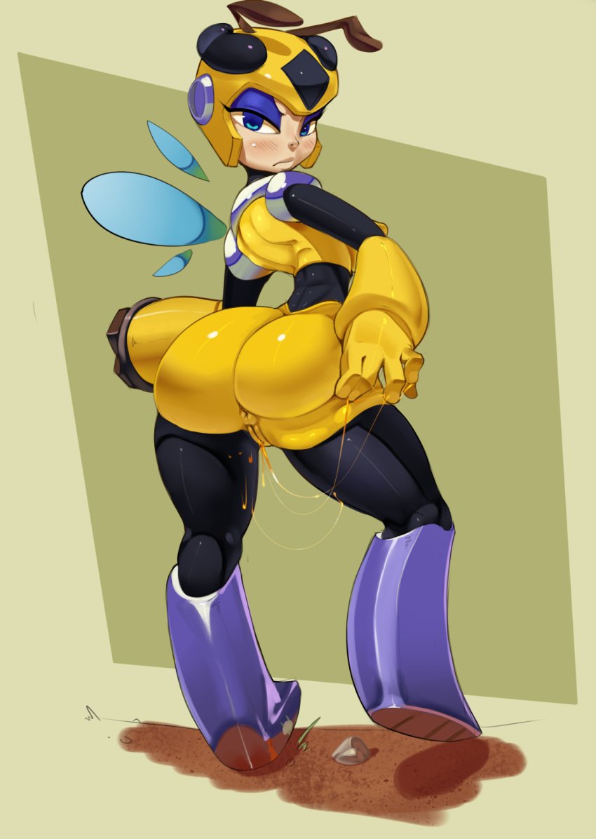 2014 anus ass bee big_butt black_skin blue_eyes blush boots breasts female helmet honey honey_woman looking_at_viewer makeup mega_man mega_man(classic) nipples nude pussy solo standing theboogie vesper_woman wide_hips wings