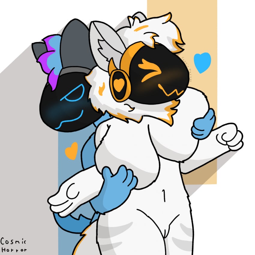 ambiguous_gender anthro artist_name big_breasts breast_grab breasts cosmic_horror_(artist) duo female female/ambiguous genitals grope hand_on_breast heart_symbol hi_res hug hugging_another hugging_from_behind juno_(my_furry_protogen) machine protogen protogen_visor pussy tail text uwu visor