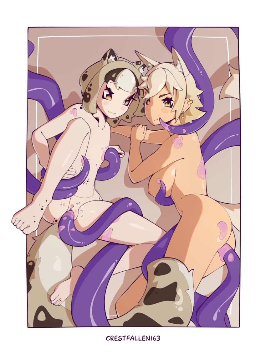 artist_name brown_background catgirl cel_shading commission completely_nude crestfallen163 dog_girl flat_chest medium_breasts original original_character petite petite_body petite_female self_upload simple_background slime_(substance) tanned tanned_female tanned_skin tentacle tentacle_in_ass tentacle_sex