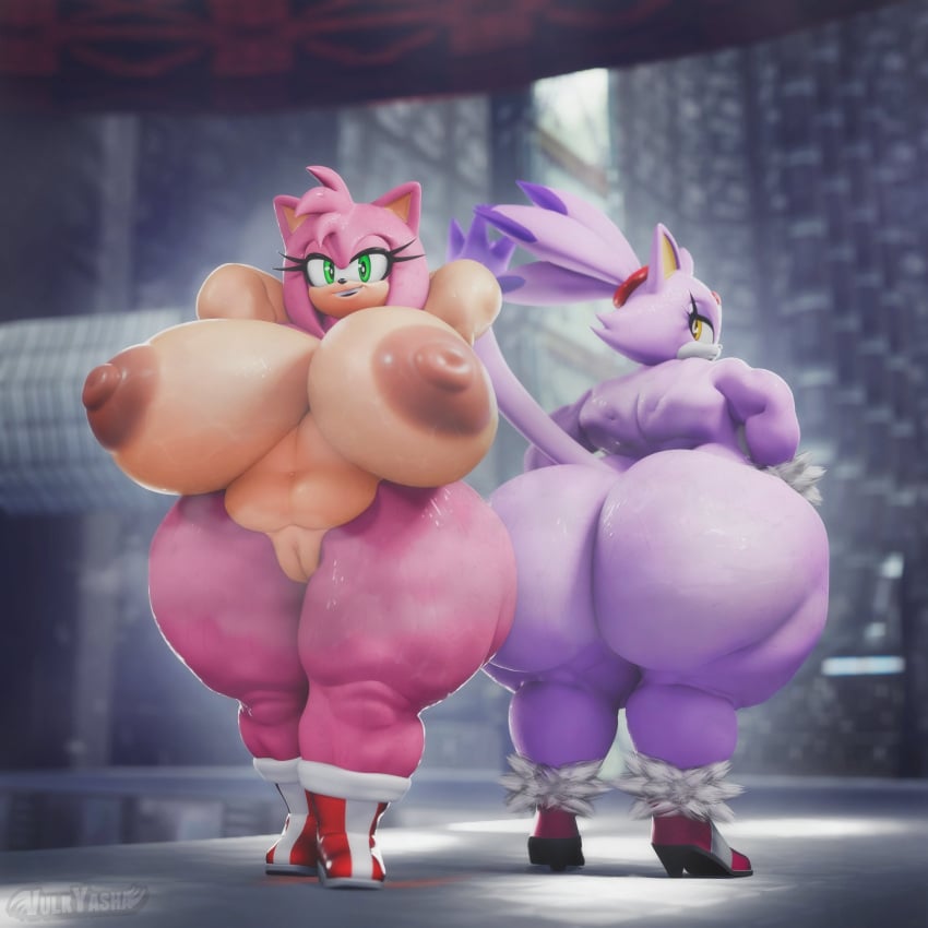 2girls 3d amy_rose anthro blaze_the_cat female gigantic_breasts huge_breasts hyper_butt nude sega sonic_(series) sonic_the_hedgehog_(series) standing steam sweat sweaty_body tagme voluptuous vulkyasha